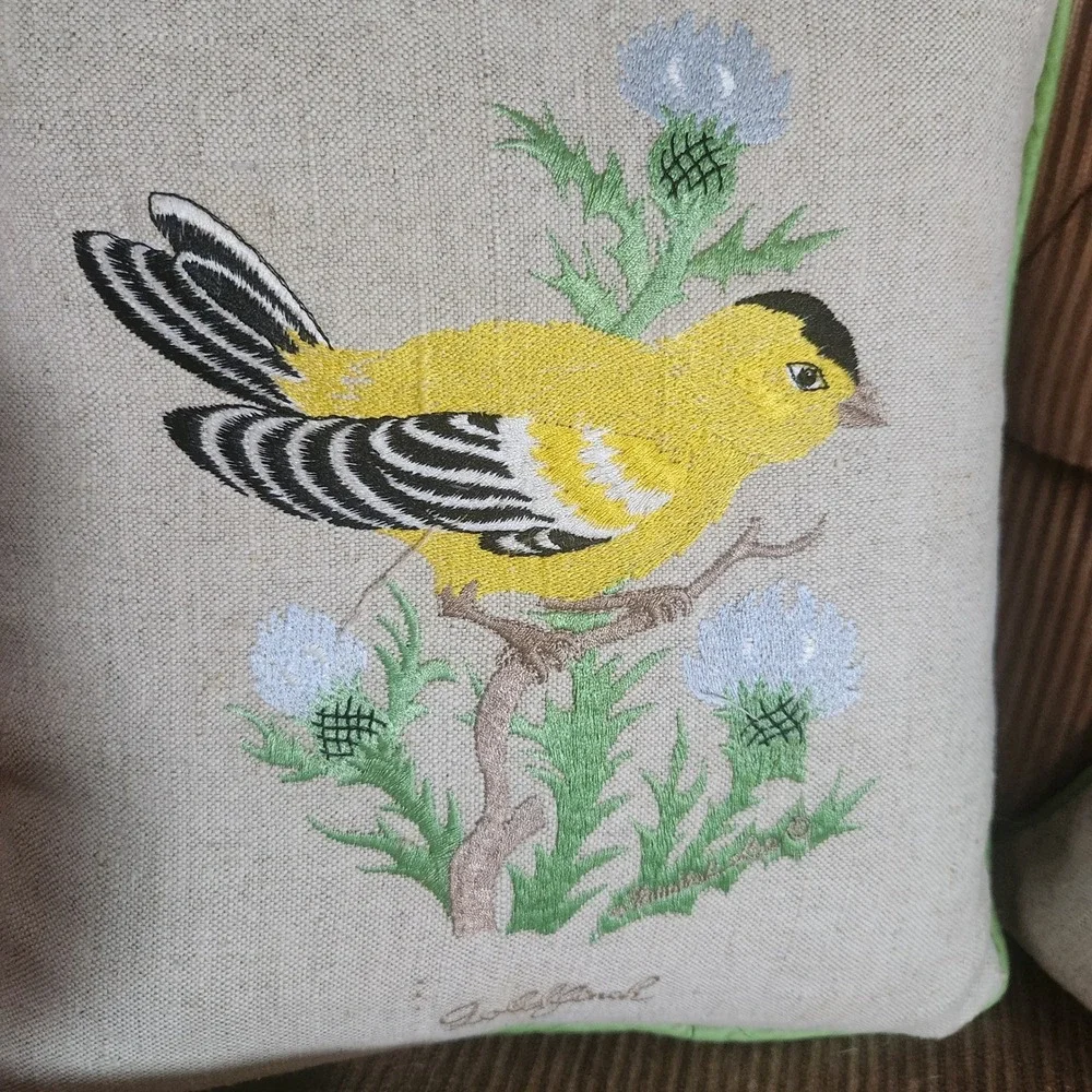 Set of 3 Embroidered Bird Throw Pillows Robin Goldfinch Cardinal 12x12 Accent